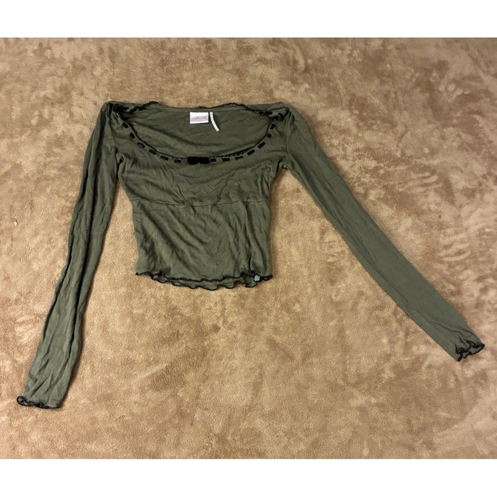 Out From Under Womens Olive Green Ribbed Ribbon Trim Top Med Y2K-vibes Fairycore